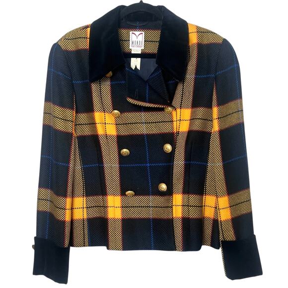 Vintage Mondi Yellow & Black Wool Plaid Double Breasted Blazer Gold Buttons USA - Picture 2 of 10